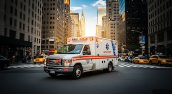 Ambulancia blanca con franjas rojas y azules y luces de emergencia encendidas transitando por una calle de la ciudad con rascacielos y taxis amarillos al fondo.