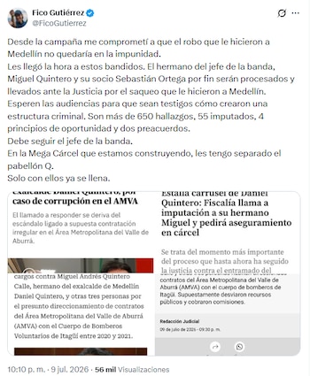 Federico Gutiérrez sostuvo que Daniel Quintero y su familiar se robaron Medellín - crédito @FicoGutierrez/X