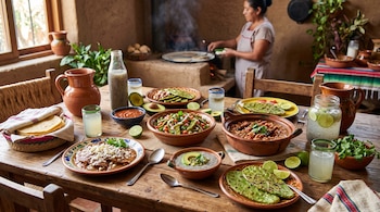 Una mesa de madera contiene platos de barro con nopales, frijoles, ensaladas, tortillas, aguacates y bebidas con semillas de chía.