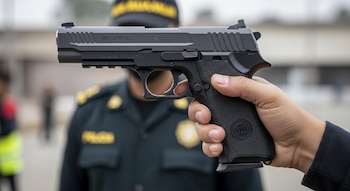 Una mano sostiene una pistola negra con la marca IWI Jericho; de fondo, un agente de policía con uniforme oscuro y detalles dorados.