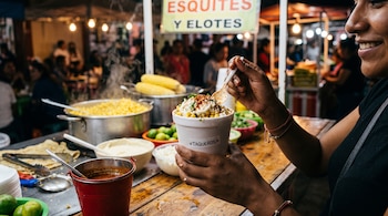 Una mujer sostiene un vaso con esquites, queso y chile en un mostrador con ollas de maíz y un cartel de esquites y elotes.