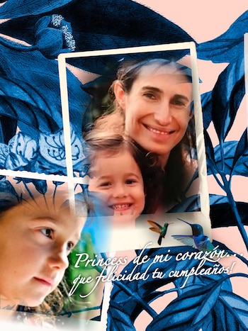 Collage de Cris Morena sonriendo y su nieta Azul en primer plano y riendo, sobre un fondo botánico azul y rosa con colibríes y el texto 'Princess de mi corazón...'