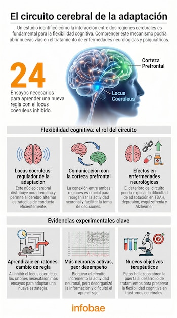 Infografía del cerebro humano resaltando Locus Coeruleus y Corteza Prefrontal, con diagramas de células cerebrales, un ratón en un laberinto y equipo de laboratorio.