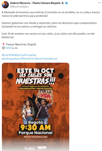 Gabriel Becerra convocó a una concentración en el Parque Nacional de Bogotá el 14 de octubre - crédito @BecerraGabo/X