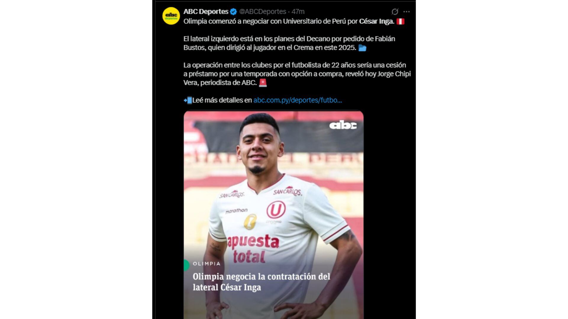César Inga podría irse de Universitario y fichar por Olimpia tras pedido de Fabián Bustos.