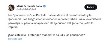 María Fernanda Cabal criticó al Pacto Histórico por congresista que sugirió usar el dinero de los Juegos Panamericanos para los niños - crédito @MariaFdaCabal/X