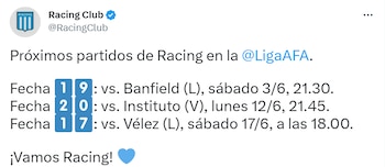 Próximos partidos de Racing Club,