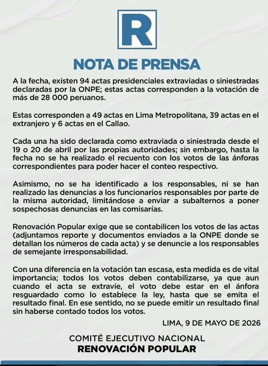 Renovación Popular, a través de su Comité Ejecutivo Nacional, denuncia la presunta desaparición o deterioro de 94 actas electorales que podrían afectar 28 mil votos y exige una revisión exhaustiva para garantizar la transparencia. (Fuente: Facebook / Rafael López Aliaga)