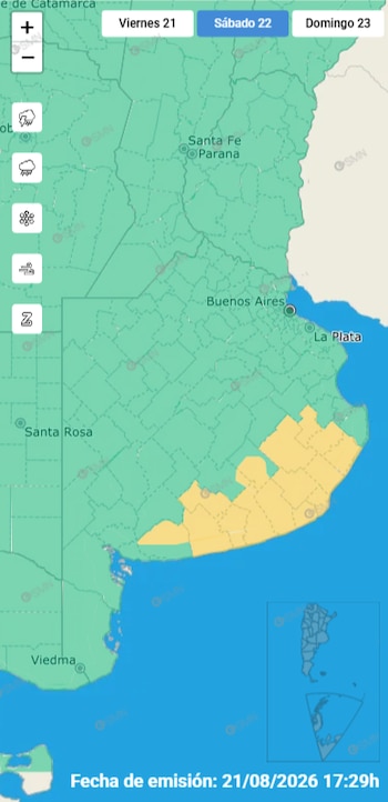 El SMN emitió una alerta amarilla por viento para sectores del sur y sudeste de la provincia de Buenos Aires