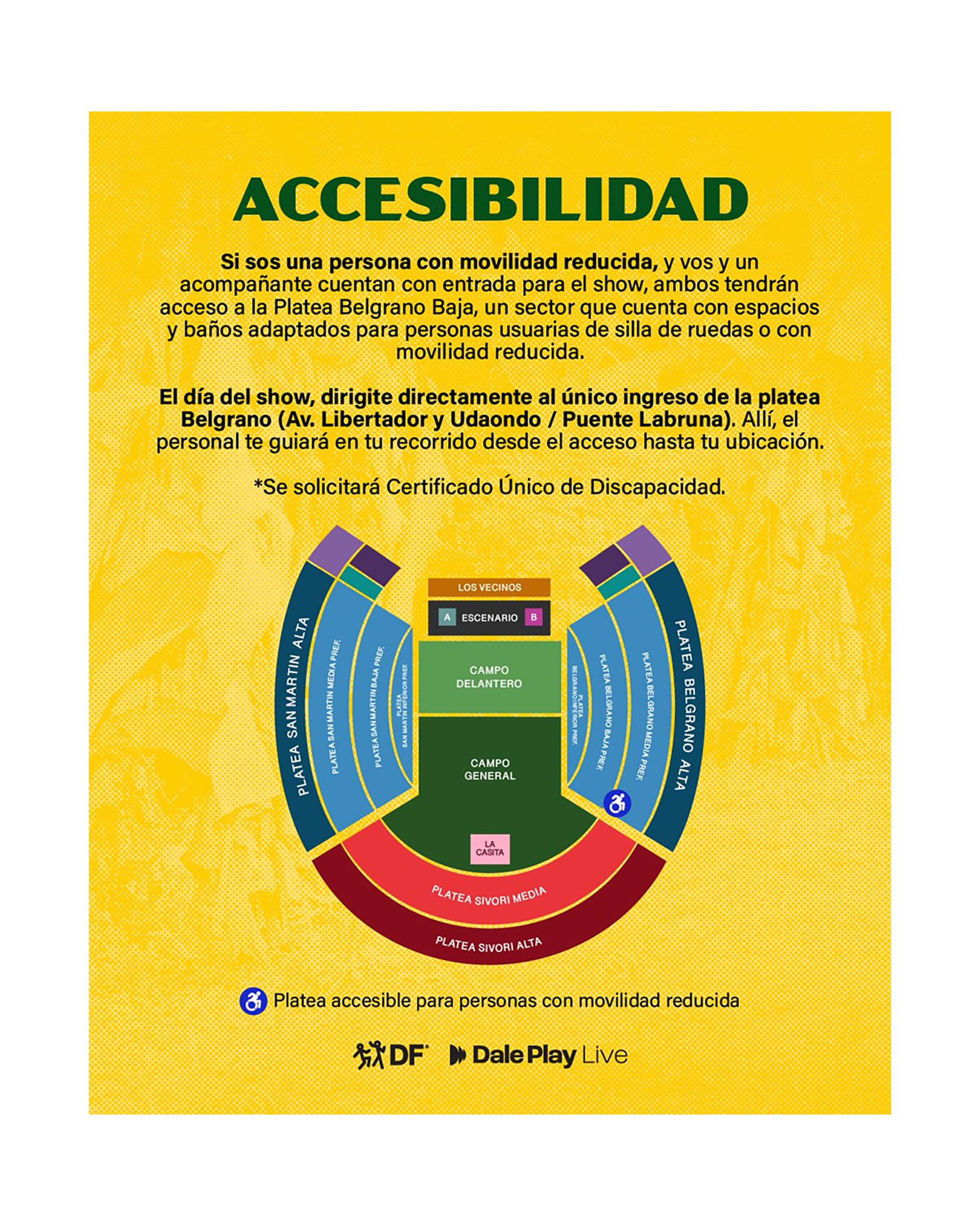 Mapa de accesibilidad y sectores adaptados para personas con movilidad reducida en el estadio River Plate para el recital de Bad Bunny