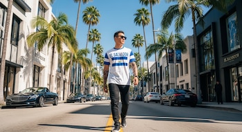 Vista frontal de un hombre joven con gafas de sol y camiseta de El Salvador caminando por el centro de una calle flanqueada por palmeras y edificios lujosos, con coches aparcados.