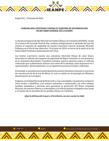 Ineanpe señaló que el atentado se presentó luego de la participación del líder en una consulta previa