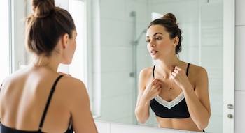 Mujer en sujetador negro con encaje blanco se mira al espejo de un baño, examinando los lunares visibles en su cuello y pecho.