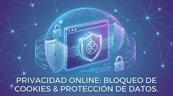 Ilustración digital de un navegador web con un escudo central, flanqueado por otros escudos y candados, sobre un globo terráqueo de líneas conectado a puntos luminosos.