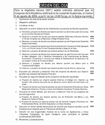 La Junta Directiva del Congreso de Guatemala dejó fuera de la agenda del 4 de agosto cualquier iniciativa sobre combustibles por falta de consensos, aunque no descartó una moción privilegiada.
