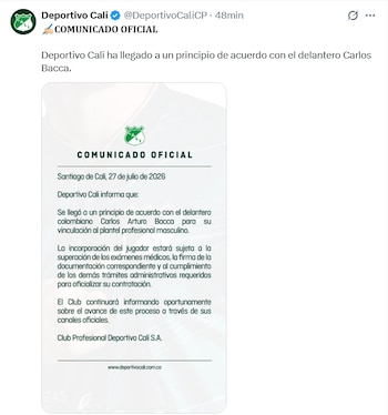 Este fue el anuncio oficial del Deportivo Cali sobre la llegada de Carlos Bacca - crédito @deportivocalicp/X