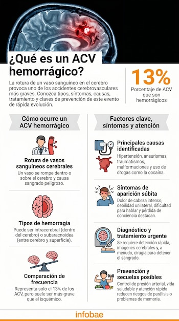 Infografía médica sobre ACV hemorrágico con imagen de cerebro afectado, datos clave y explicaciones sobre causas, síntomas, diagnóstico y prevención.