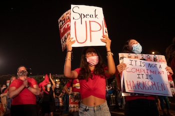 Hundreds of Israelis protest in Tel Aviv, Israel, Sunday, Aug. 23, 2020, following the alleged gang rape of a 16-year-old Israeli girl by a group of males last week. The incident has drawn widespread condemnations and angry accusations that the government must do more to prevent violence against women. Police say some 11 suspects have been questioned. (AP Photo/Oded Balilty)