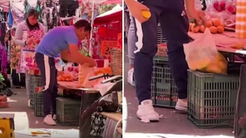 Comerciante se vuelve viral por “pesar” fruta con una báscula inexistente