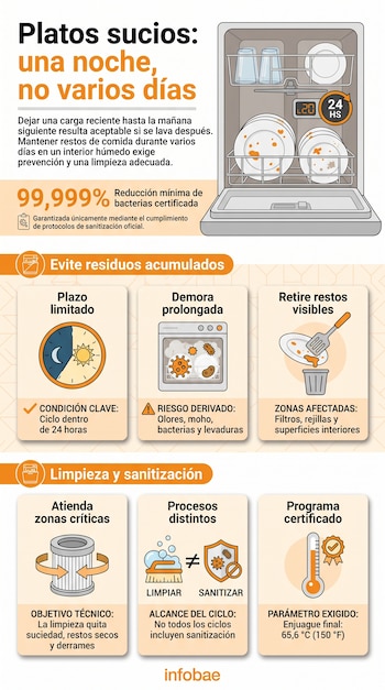 Infografía con un lavavajillas abierto, platos con restos de comida, iconos explicativos sobre tiempos de lavado y un termómetro con grados.