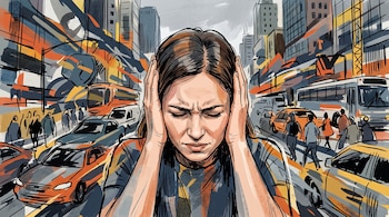 Ilustración de una mujer con las manos en los oídos en una calle llena de automóviles, autobuses y personas.