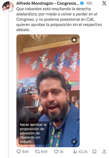 Alfredo Mondragón cuestionó proceso exprés para la posesión de Abelardo de la Espriella - crédito @AlfreMondragon/X