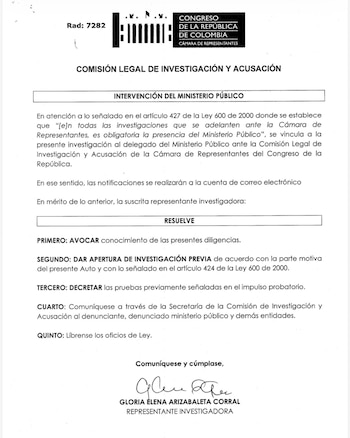 Auto Comisión de Acusaciones de la Cámara contra Gustavo Petro - crédito Suministrado
