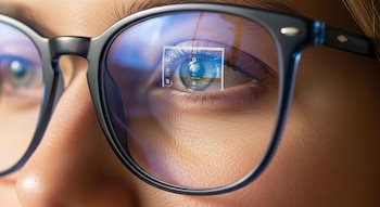 Primer plano del ojo de una persona con gafas de montura oscura y lentes con filtro azul, reflejando claramente la interfaz de un escritorio de computadora.