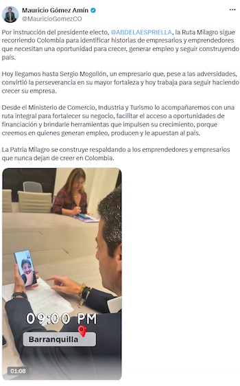El Ministerio de Comercio entrante respaldó al primer hombre atacado con ácido que hoy lidera un emprendimiento - crédito @MauricioGomezCO/X