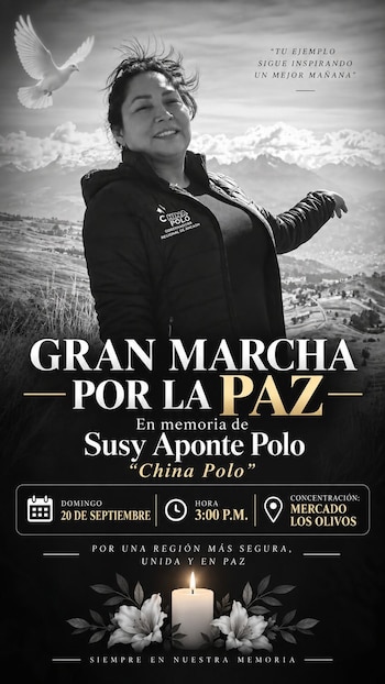 La movilización se realizará este domingo a las 15:00 en el mercado Los Olivos, donde los asistentes rendirán homenaje a Susy Aponte Polo y reclamarán avances en las pesquisas| Foto: Difusión