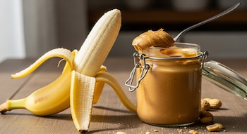 Plátano parcialmente pelado junto a un tarro de pasta de maní con una cuchara, y cacahuetes enteros y pelados esparcidos sobre una superficie de madera.