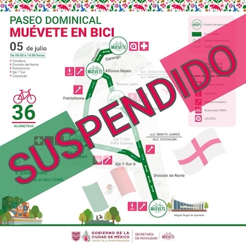 Mapa de ruta ciclista Muévete en Bici con leyenda, íconos de servicios, banderas de México e Inglaterra y texto grande: SUSPENDIDO