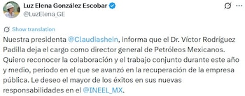 Luz Elena González Escobar respaldó el relevo en la dirección de Pemex durante el anuncio oficial.