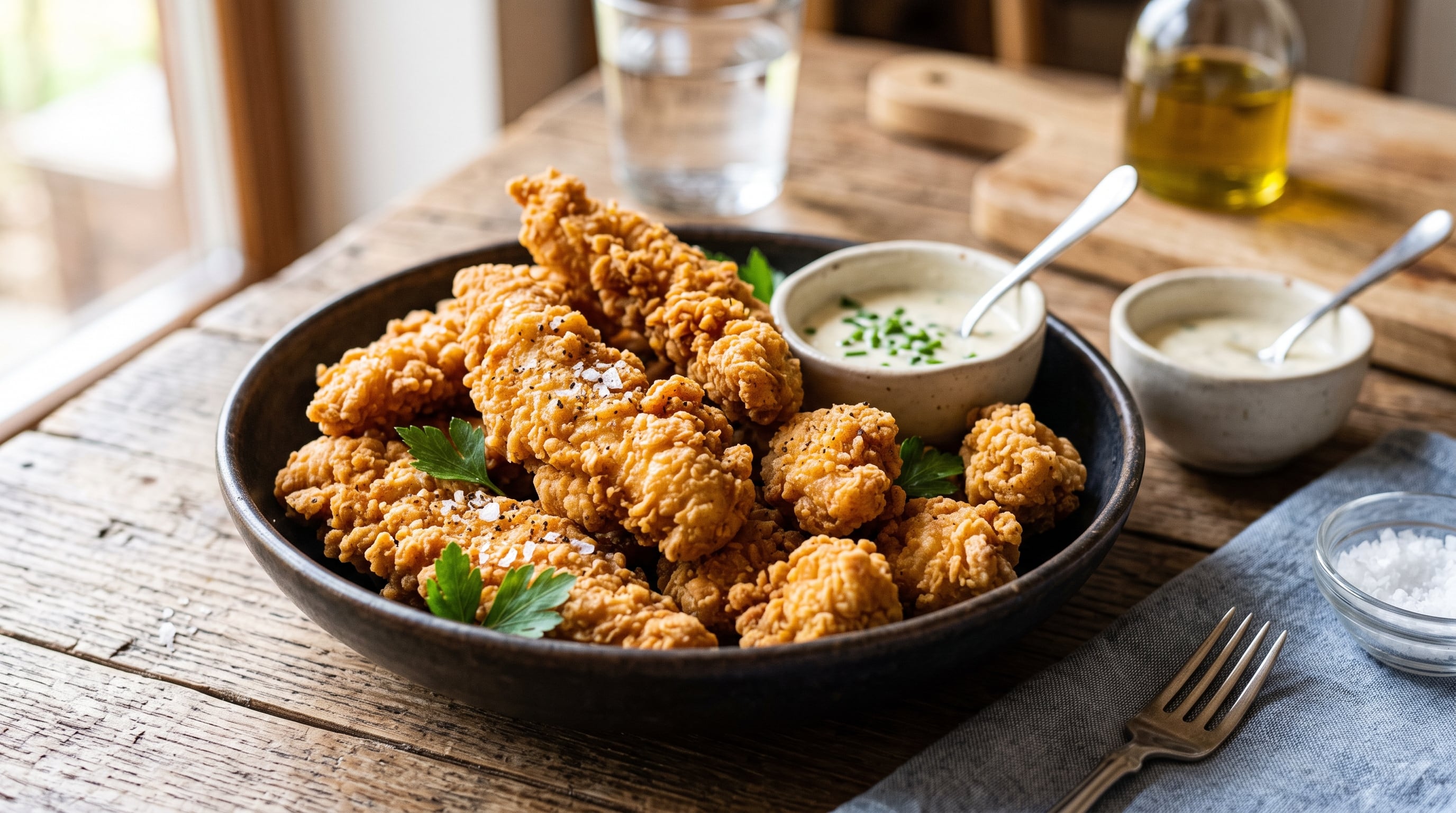 La combinación de harina de arroz y fécula de maíz forma una capa seca para tiras de pollo y nuggets caseros (Imagen Ilustrativa Infobae)