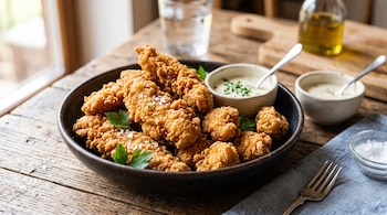 Tiras de pollo rebozado frito en un plato hondo con hojas de perejil, acompañadas de salsas y sal sobre una mesa de madera.