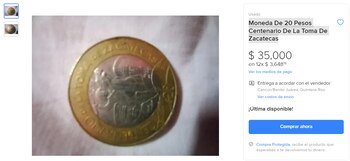 moneda 20 pesos Zacatecas. Mercado Libre