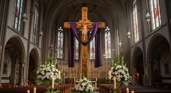 Interior de una iglesia con una gran cruz de madera tallada que representa a Cristo, cubierta con tela morada, flanqueada por lirios blancos, velas y vitrales.