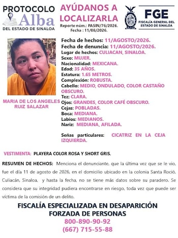 Ficha emitida tras la denuncia del secuestro de María de los Ángeles. Crédito: FGE Sinaloa