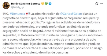 La concejala Heidy Sánchez denuncia que el proyecto de la Alcaldía de Bogotá para regular el espacio público amenaza los derechos de miles de vendedores informales - crédito Heidy Sánches/X