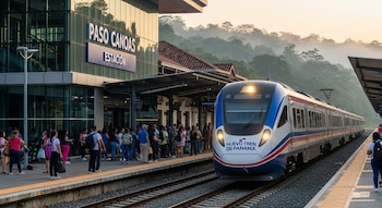 Tren moderno azul y blanco con "NUEVO TREN DE PANAMÁ" en el frente, llegando a la estación Paso Canoas. Personas en el andén y colinas brumosas de fondo.