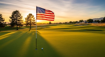Campo de golf iluminado por el sol poniente, con una bandera de Estados Unidos ondeando junto al hoyo y una bola de golf en el césped. Árboles y montañas al fondo.