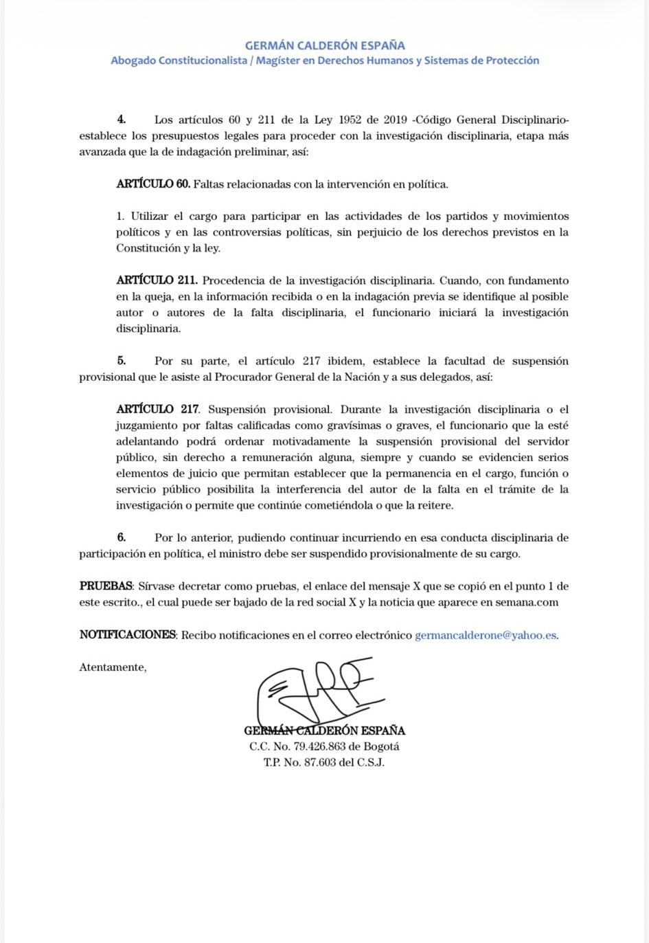 El abogado Germán Calderón España aseguró que el ministro incurrió en una intervención política al pronunciarse sobre la viabilidad de una de las principales propuestas de campaña de De la Espriella - crédito @GermanCalderonE/X