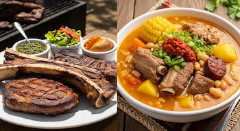 Imagen dividida. A la izquierda, un plato de costillas de asado con chimichurri y ensalada. A la derecha, un tazón de locro con maíz, frijoles y carne.