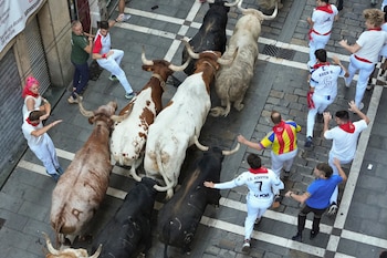 Los toros de la ganadería Fuente Ymbro a su paso por la calle Estafeta en el primer encierro de los Sanfermines 2026, este martes en Pamplona.