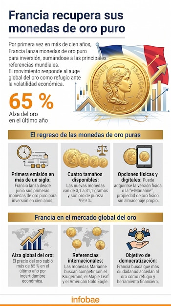 Infografía del lanzamiento de monedas de oro de Francia. Muestra una moneda Marianne dorada, bandera francesa, gráficos alcistas y varios íconos.