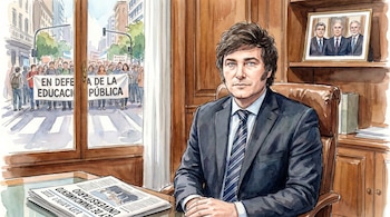 Acuarela de Javier Milei sentado en su oficina con un periódico sobre una mesa y una ventana mostrando una manifestación estudiantil.