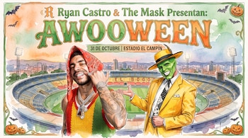 Ilustración con Ryan Castro, el personaje de La Máscara, el Estadio El Campín, calabazas de Halloween, murciélagos y el título Awooween.