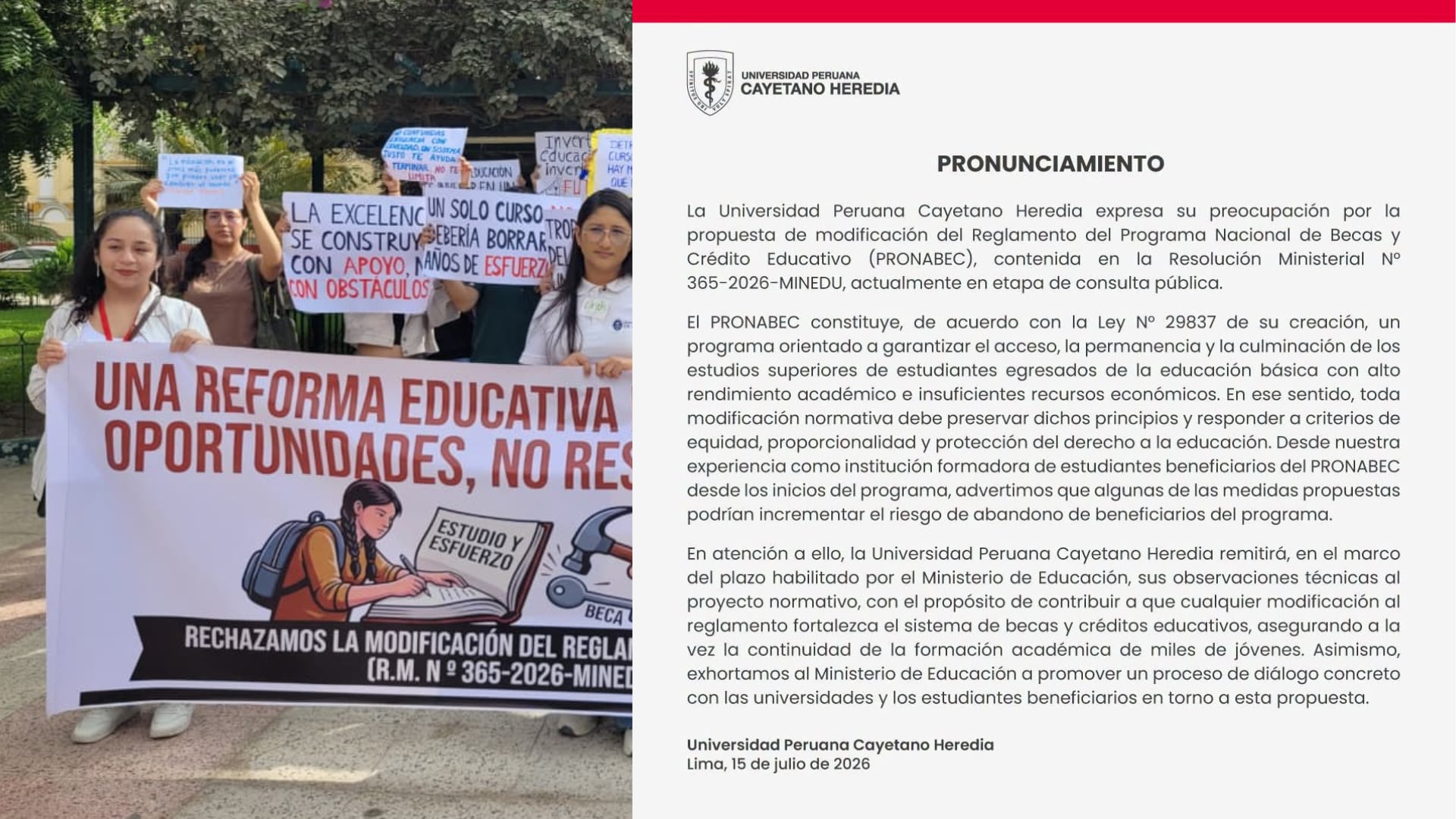 Caso Pronabec: Universidad Peruana Cayetano Heredia alerta sobre impacto de cambios en las becas
