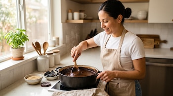 Mujer con delantal remueve una salsa oscura en una olla sobre la estufa, con recipientes de chiles secos, semillas de sésamo y chocolate.