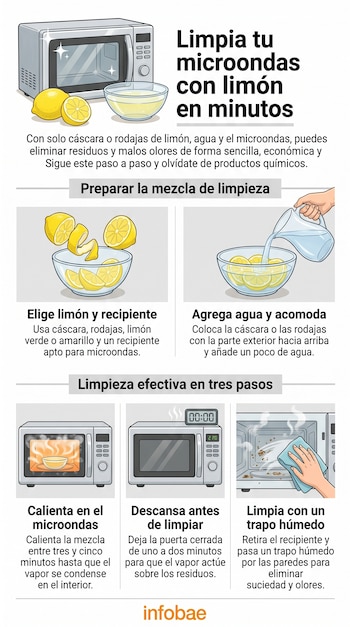 Infografía estructurada en pasos que ilustra un microondas, recipientes con agua, rodajas de limón y un trapo de limpieza.